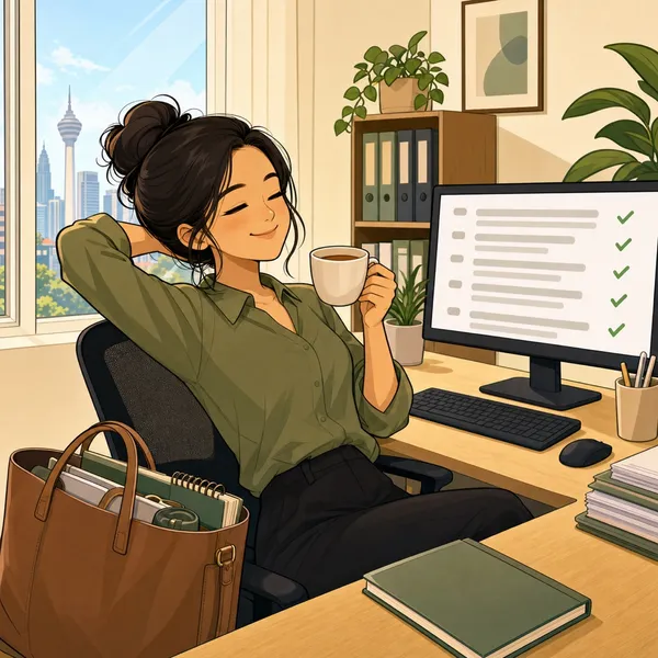The accountant relaxed at a clean desk, work posted