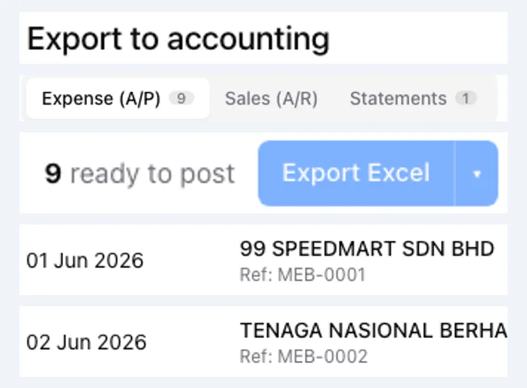 Export to accounting: approved documents sent to your accounting software as an Excel workbook — 9 ready to post, Export Excel